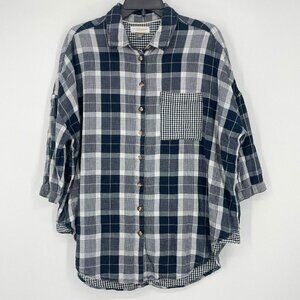 Anthropologie Pilcro Blouse Women's XS Black Plaid 3/4 Sleeves Rounded Hem Tunic